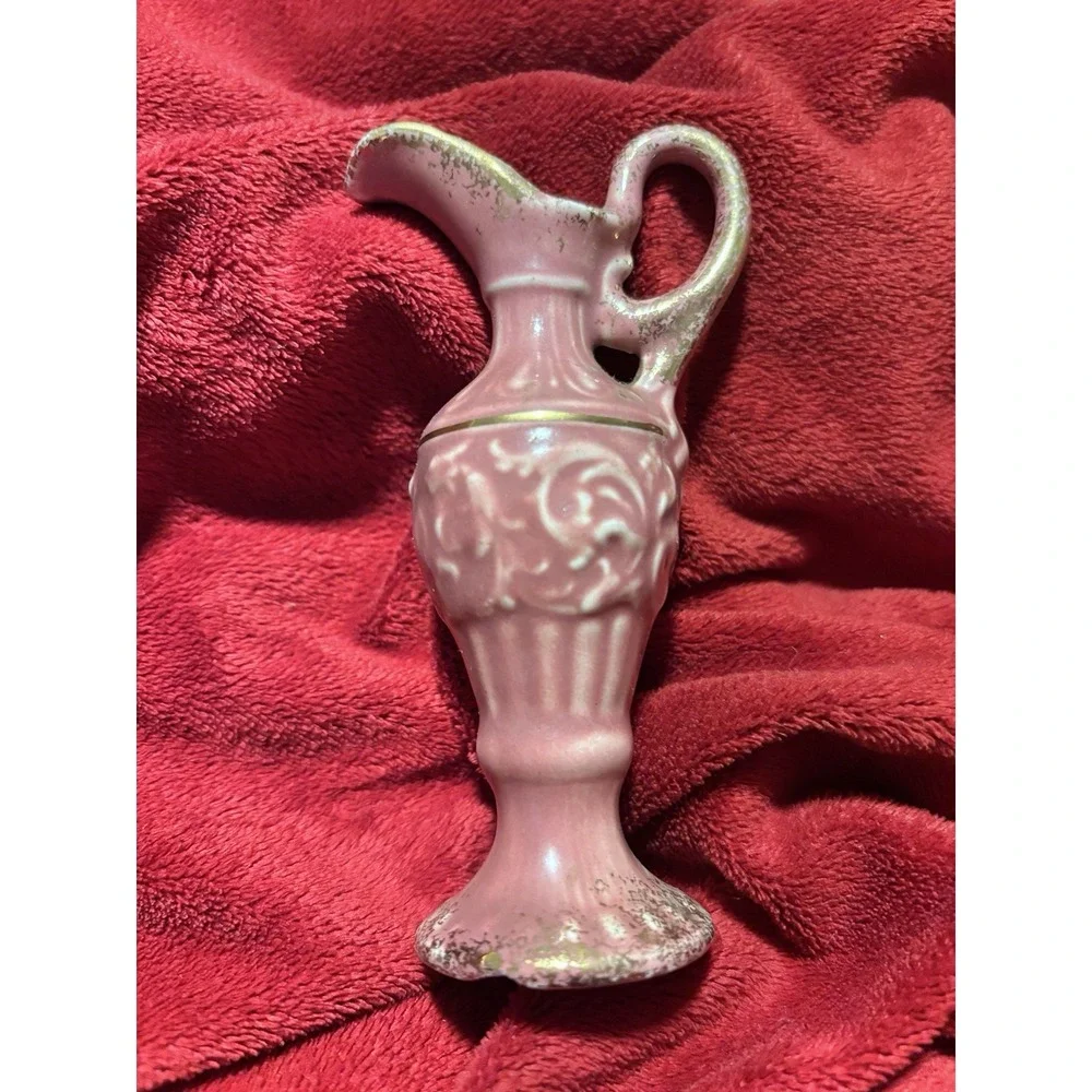 VTG Rose Pink Ceramic Ewer Vase Embossed Scroll Work Gold Trim 4.5